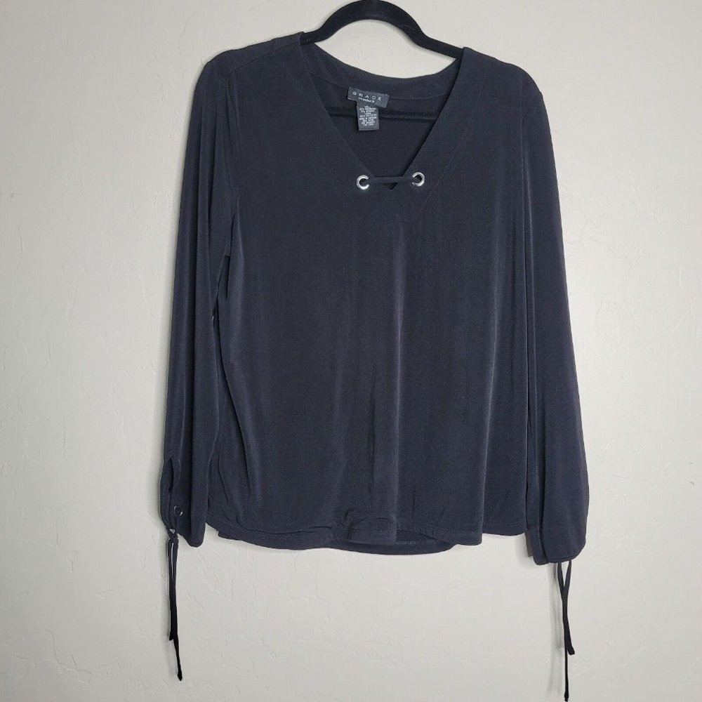 GRACE THE PERFECT FIT Womens Black Long Sleeve Top Blouse SIZE Large